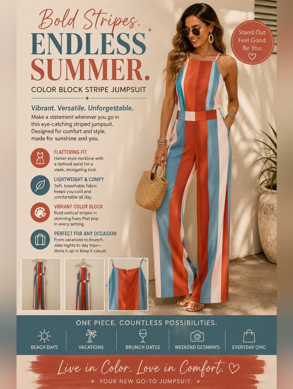 Sleeveless Striped Wide-Leg Jumpsuit in Coral, Teal & Cream